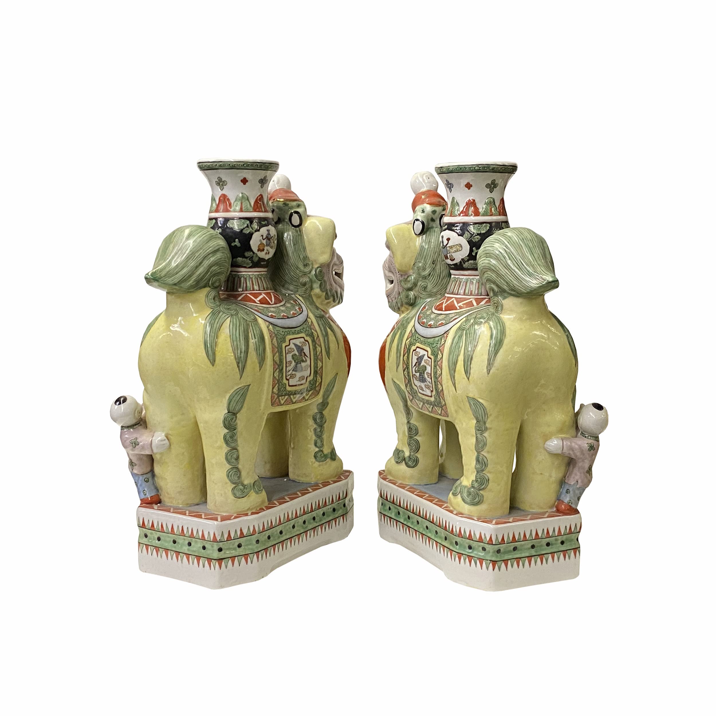 Pair Vintage Yellow Foo Dog Shape Candle Holder Vase Displays
